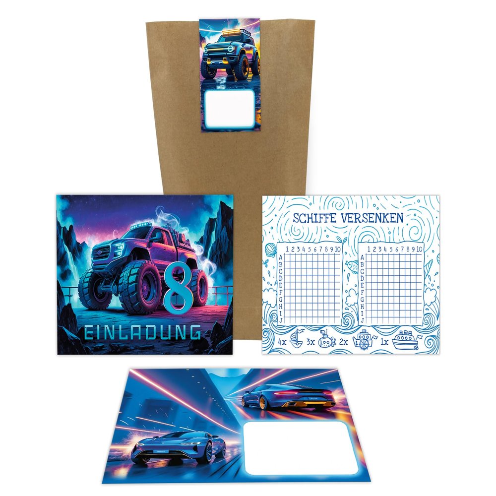 6 Monster Truck Invitations for an 8th Birthday