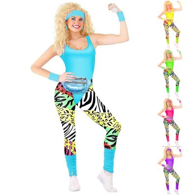 Women's 80s Costume Outfit, Pink 7-Piece Set with Leotard, Belt Bag, Headband, Leg Warmers, Wristbands, Leggings and Earrings