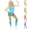 Women's 80s Costume Outfit, Pink 7-Piece Set with Leotard, Belt Bag, Headband, Leg Warmers, Wristbands, Leggings and Earrings view 1