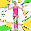 Women's 80s Costume Outfit, Pink 7-Piece Set with Leotard, Belt Bag, Headband, Leg Warmers, Wristbands, Leggings and Earrings view 3