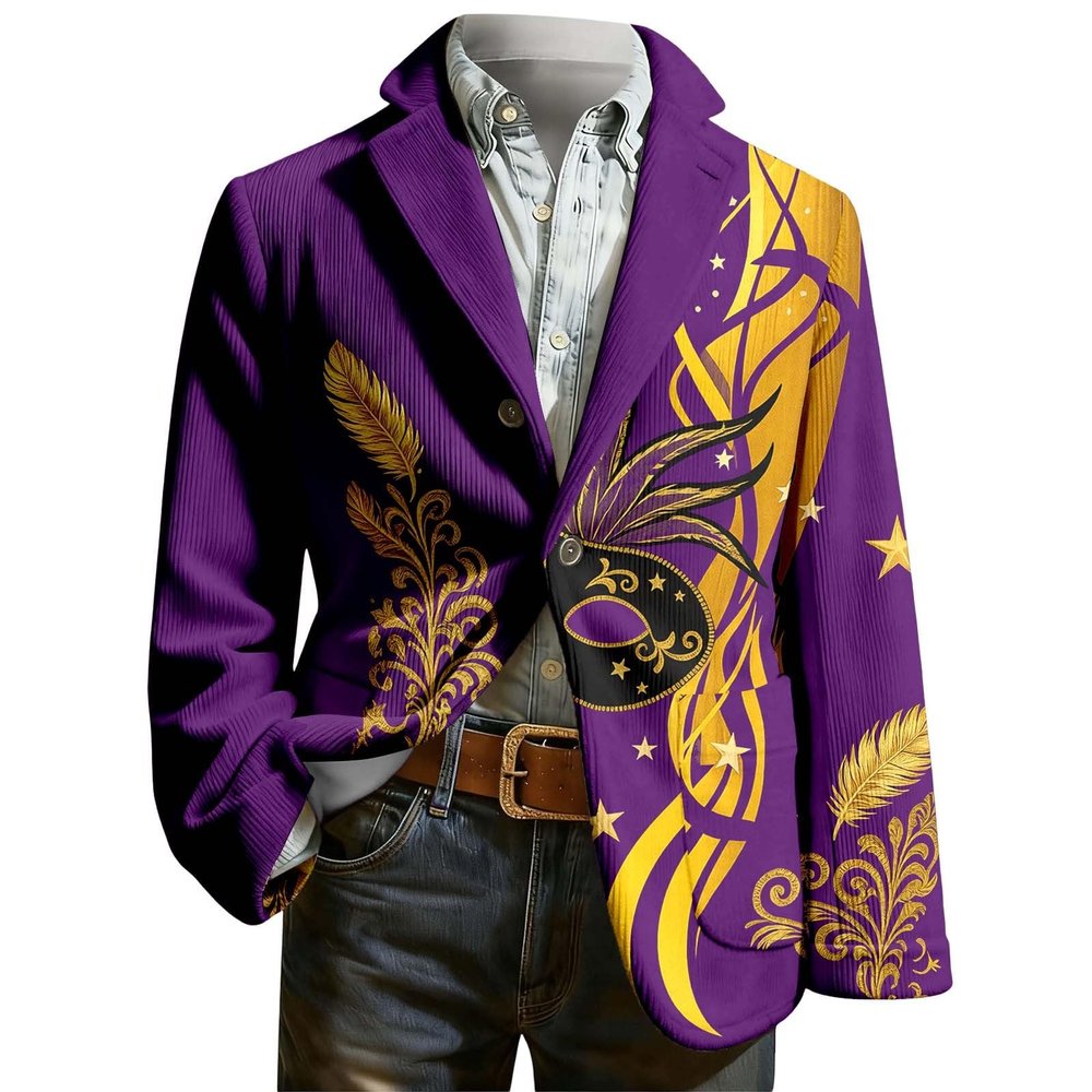Men's Colorful Gradient-Print Corduroy Carnival Blazer with City Motif