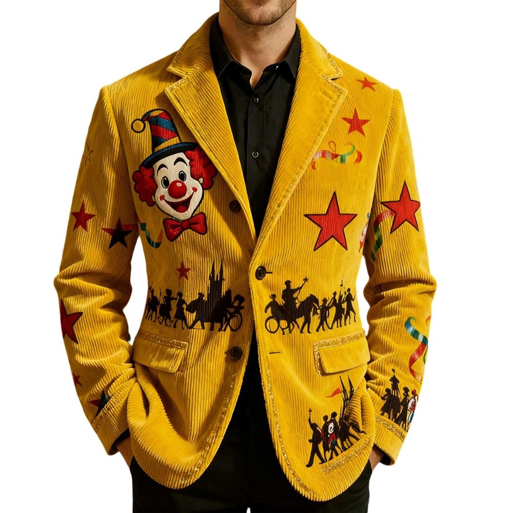 Men's Carnival Clown-Print Corduroy Blazer with Sequins