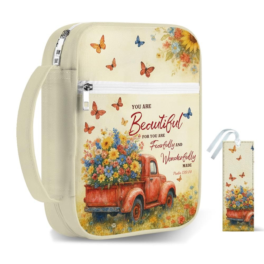 TNKBREEZE Truck Flowers Ocean Bible Cover with Bookmark and Zipper Pocket