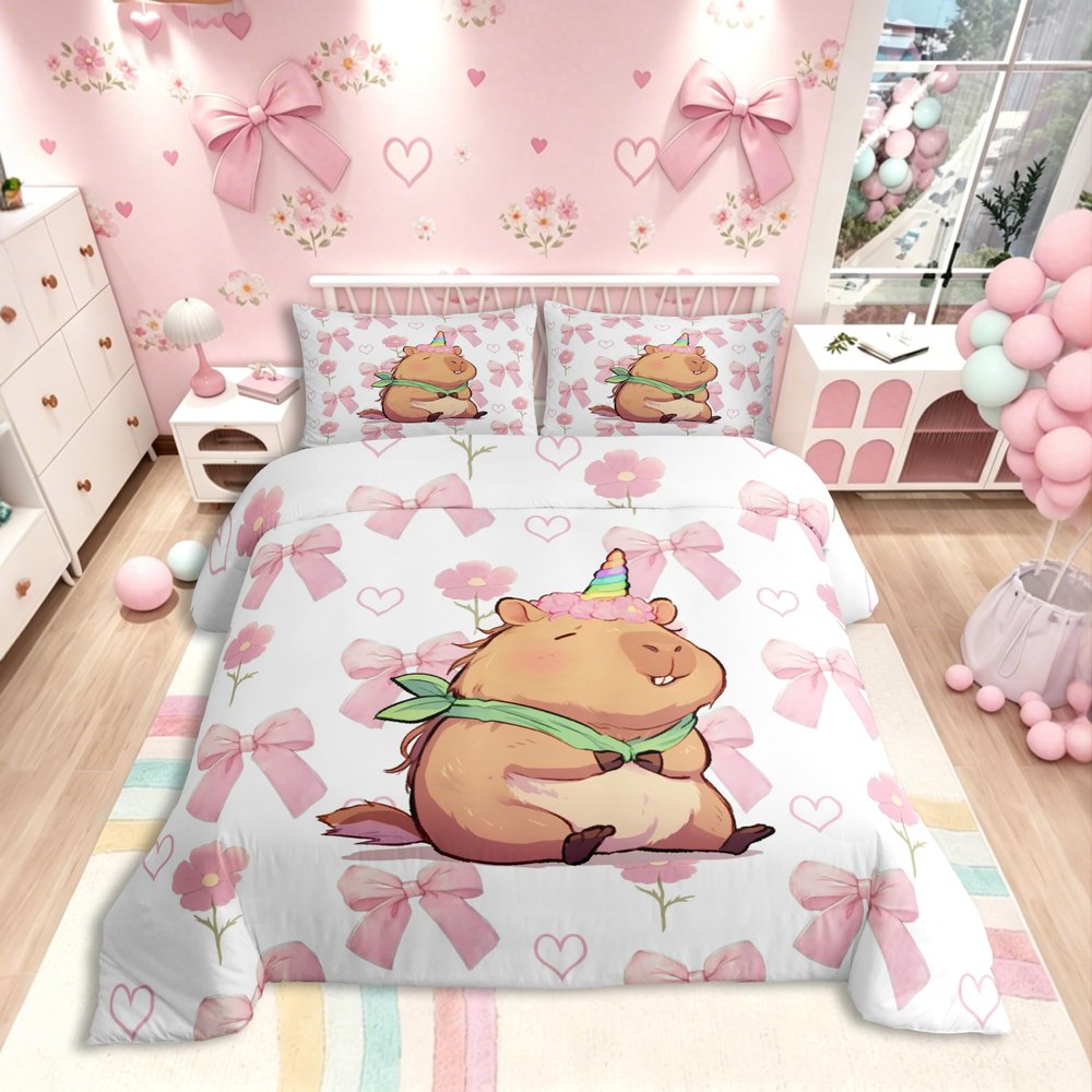 Homewish Kids Capybara Duvet Cover Set, 220 x 240 cm, Pink Bows, Flowers and Hearts
