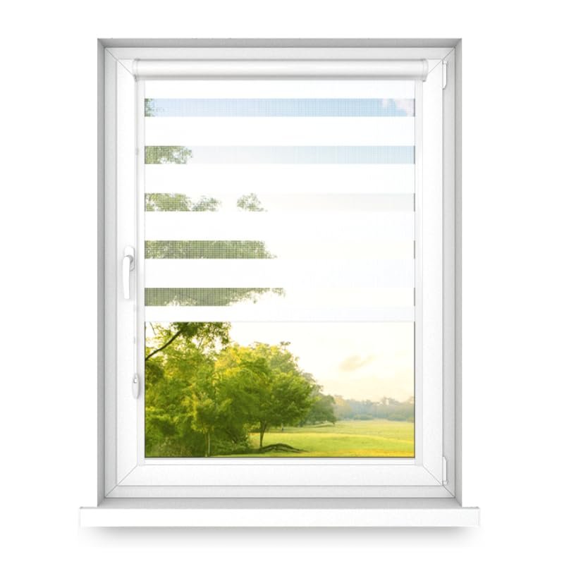 time4blinds Double Roller Blind Without Drilling - Zebra Blind for Windows and Doors, Stick-On, with Aluminum Cassette, Light-Transmitting Fabric, Classic White, 1600 x 1800, Left