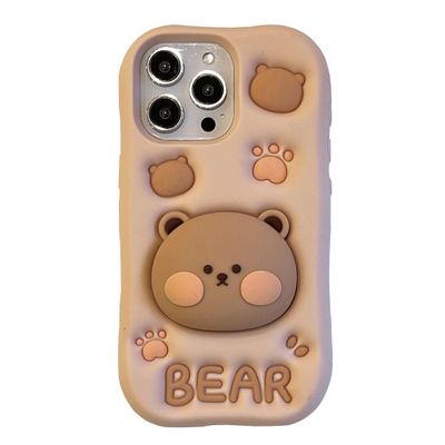 QoKcoahn Protective Case for iPhone 17 Pro Max, 3D Kawaii Cartoon Bear with Stand, Soft Silicone