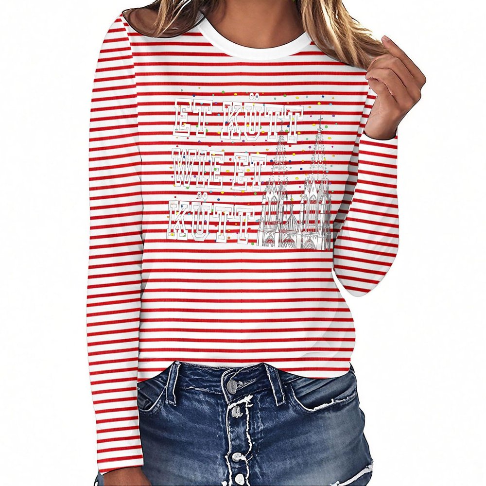 Women's Red and White Striped Long-Sleeve Cotton Shirt