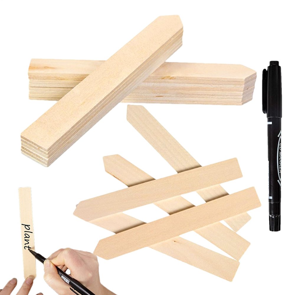 Garden Plant Labels, 50 Waterproof Wooden Stakes with Pen