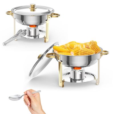 5L Round Stainless Steel Chafing Dish Buffet Set with Lid, Spoon & Tongs, Gold