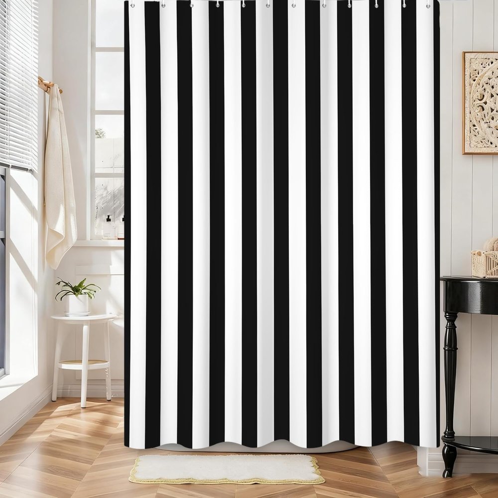 Hnmdmyi Vertical Striped Shower Curtain, 71 x 71 in, Black and White