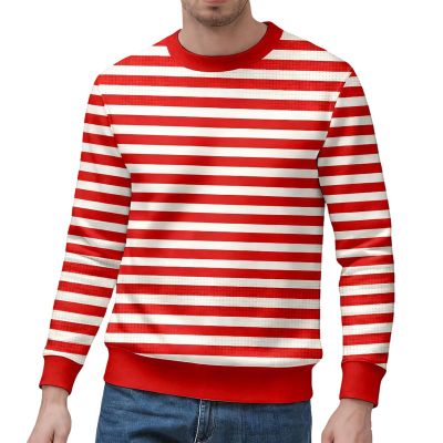Men's Red and White Striped Long-Sleeve Costume Shirt, Oversized, Size L