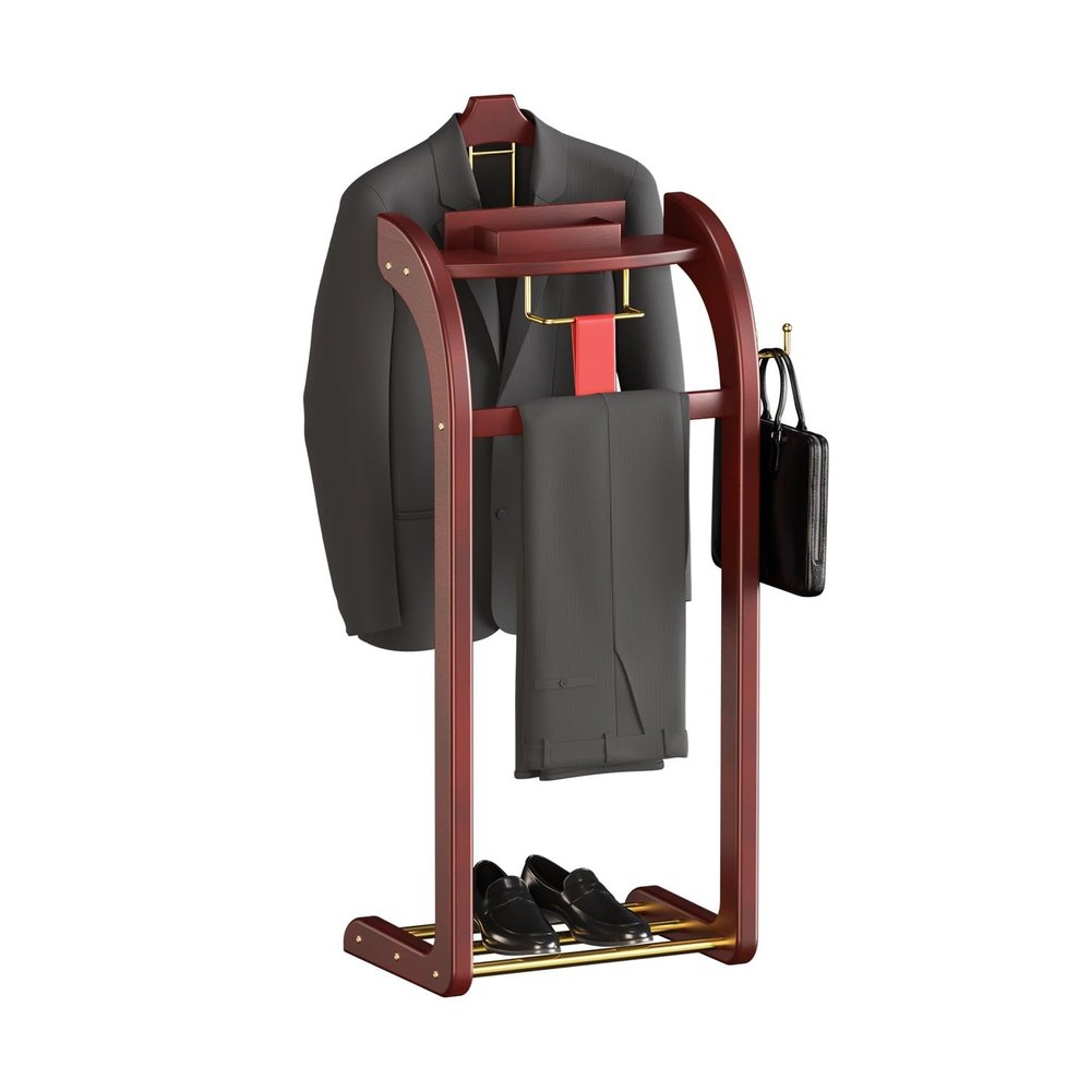 HTDRE Multifunctional Solid Wood Suit Valet Stand with Trouser Holder and Storage