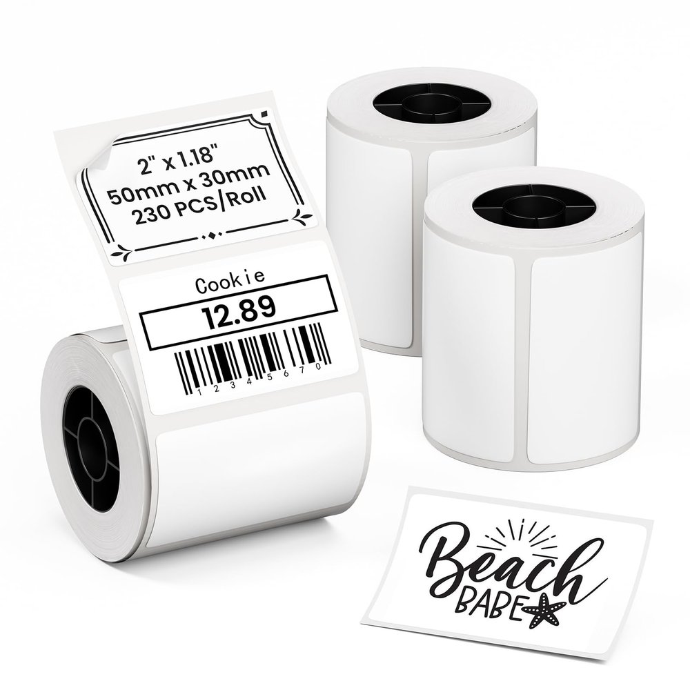 Direct Thermal Label Paper, 3 Rolls, 50 x 30 mm, 230 Labels/Roll