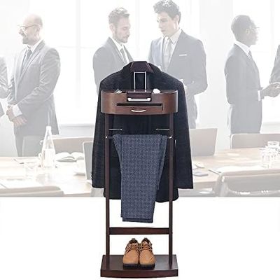 HTDRE Solid Wood Valet Stand with Drawer and Trouser Bar, Brown