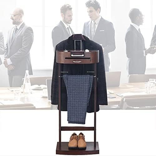 HTDRE Solid Wood Valet Stand with Drawer and Trouser Bar, Brown