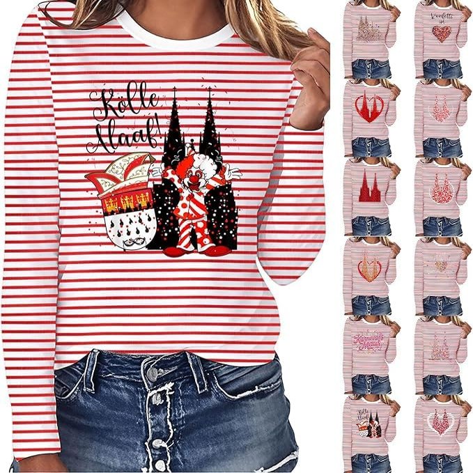 Women's Red and White Striped Carnival Long-Sleeve Shirt