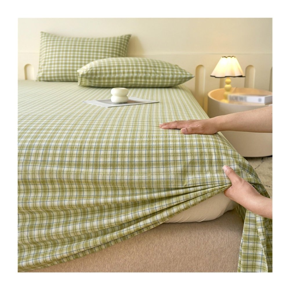 Cotton Flat Bed Sheet Without Elastic, 120x230 cm to 245x265 cm, Plaid Stripes (Green, 245x265 cm)