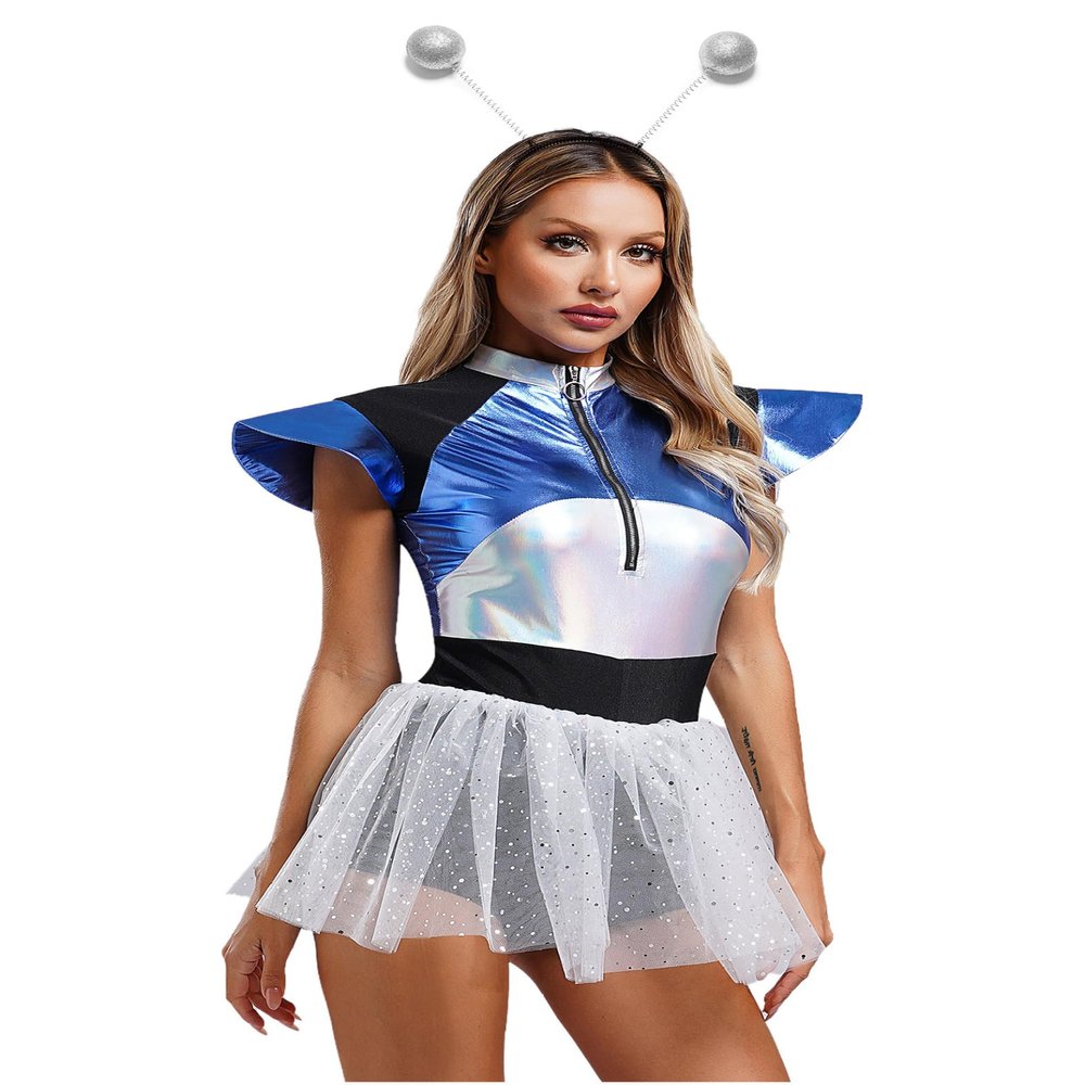Sinleey Alien Costume for Women, Metallic Hair Hoop Set, Holographic Space Girl Dress, Silver, 4XL