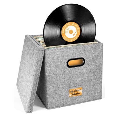 Hotainoys Vinyl Record Storage Box, Foldable Stackable Case with Lid, Portable Cotton and Linen Storage Box for Home Office