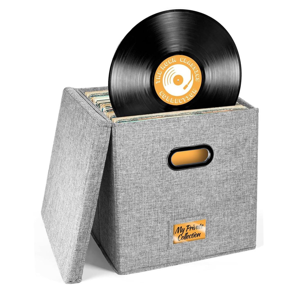 Hotainoys Vinyl Record Storage Box, Foldable Stackable Case with Lid, Portable Cotton and Linen Storage Box for Home Office