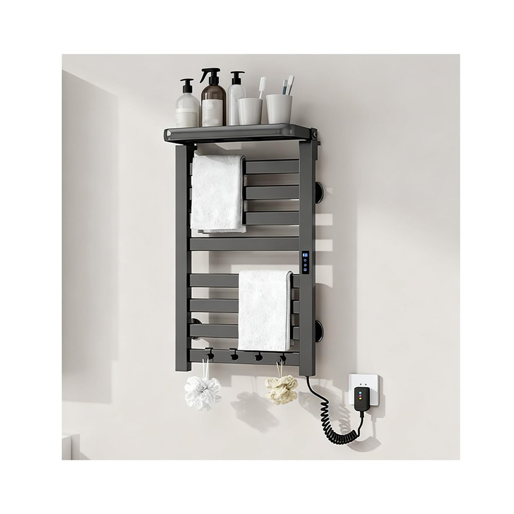 WRJAHCG Electric Wall-Mounted Towel Warmer with Timer, Thermostat and Folding Shelf, Gray