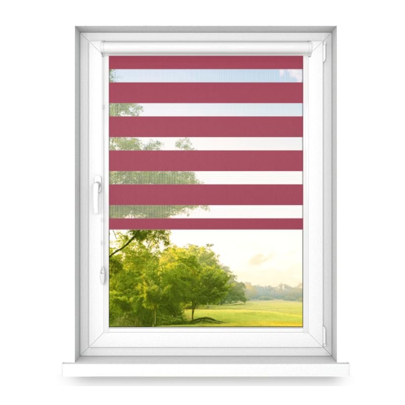 time4blinds No-Drill Double Roller Blind - Zebra Blind for Windows and Doors, Adhesive Mount, Aluminum Cassette, Light-Filtering Fabric, Red, 1400 x 1200, Right