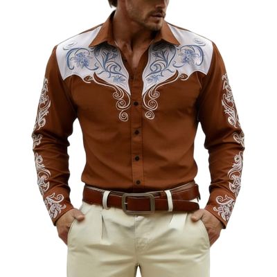 Men's Brown Cowboy Western Shirt, Long Sleeve, Size L
