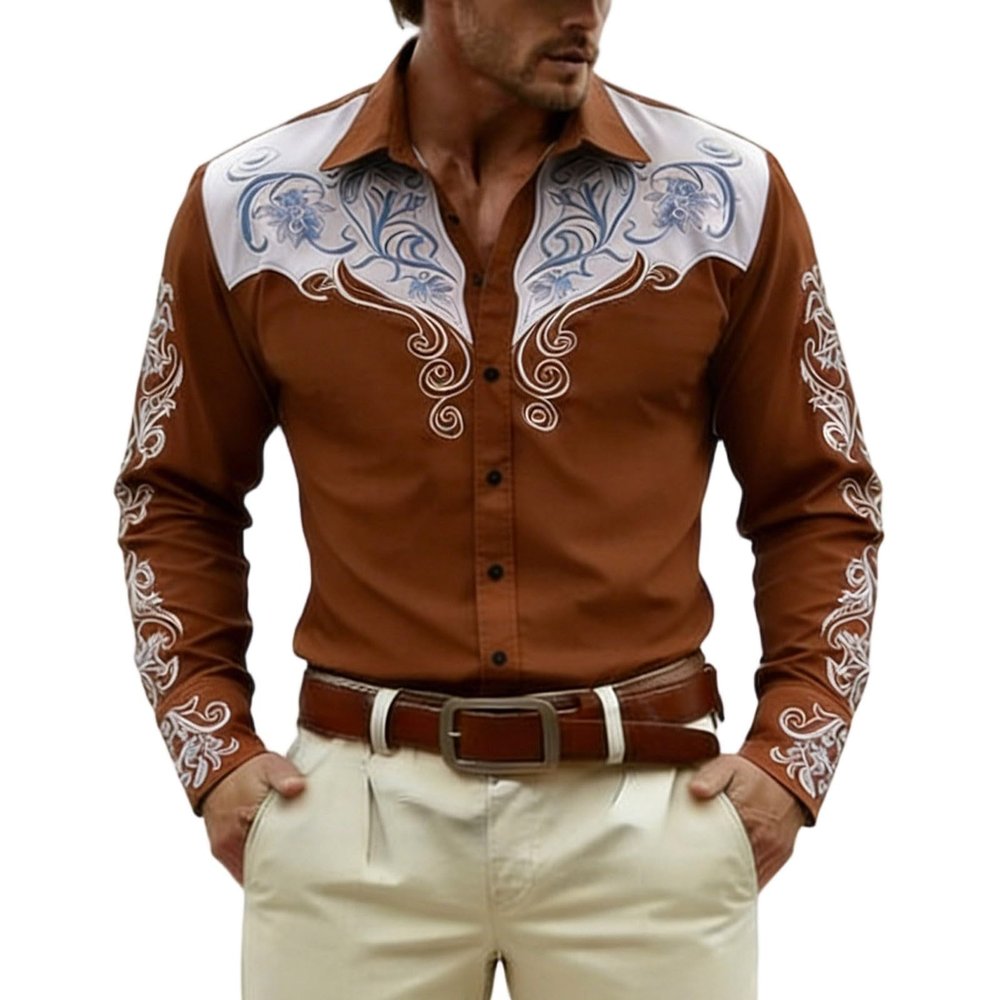 Men's Brown Cowboy Western Shirt, Long Sleeve, Size L