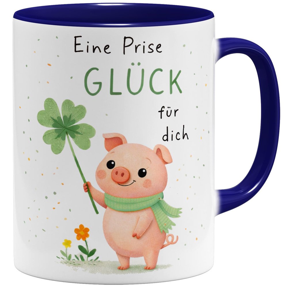 OM3 “A Pinch of Luck” Coffee Mug with Pig Design, 325 ml, Dark Blue