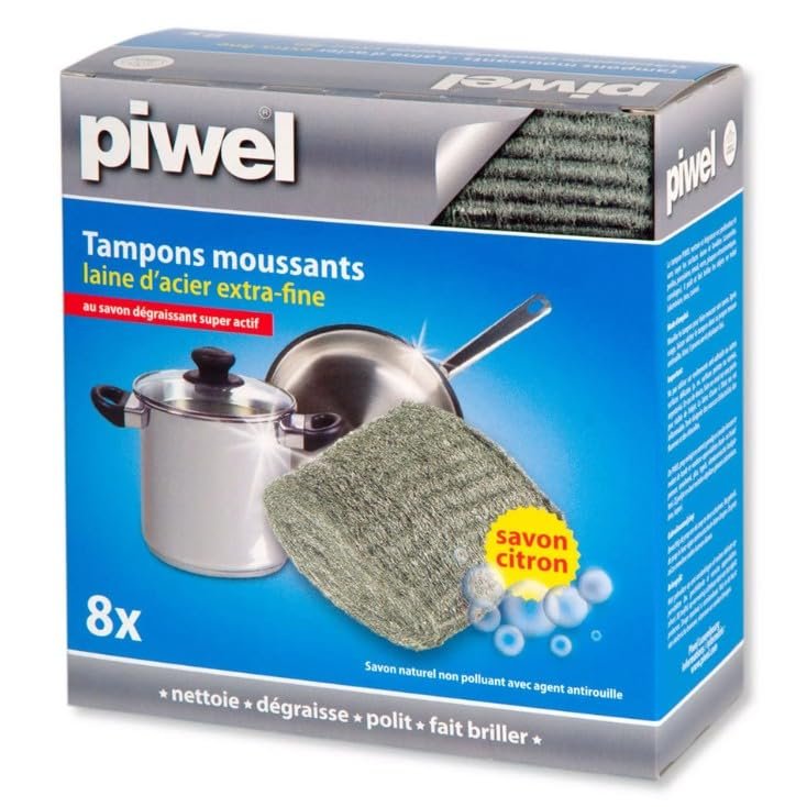 Piwel Box of 8 Extra-Fine Scouring Pads with Soap, Lemon and Steel Wool