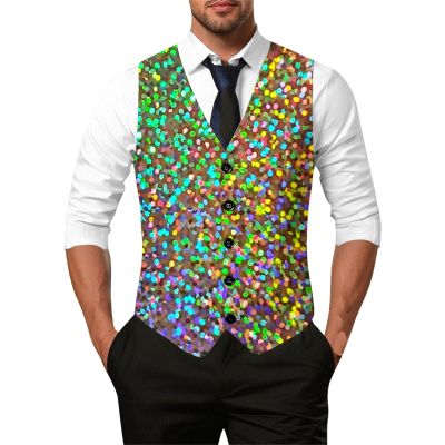 Men's Green Sequin Vest Set with Bow Tie, V-Neck, Size M