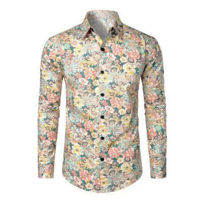 C'est TT Men's Hippie Costume Shirt, 1970s Floral Print, Beige, XXL