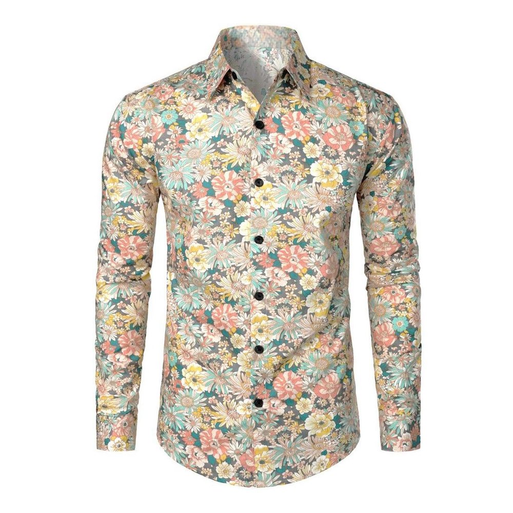 C'est TT Men's Hippie Costume Shirt, 1970s Floral Print, Beige, XXL