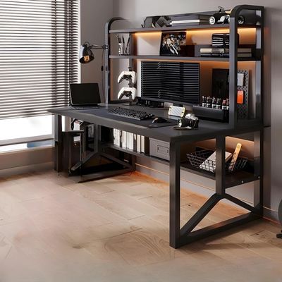 Rectangular Wooden Computer Desk with Metal Frame and Bookshelves, Black, 120 cm