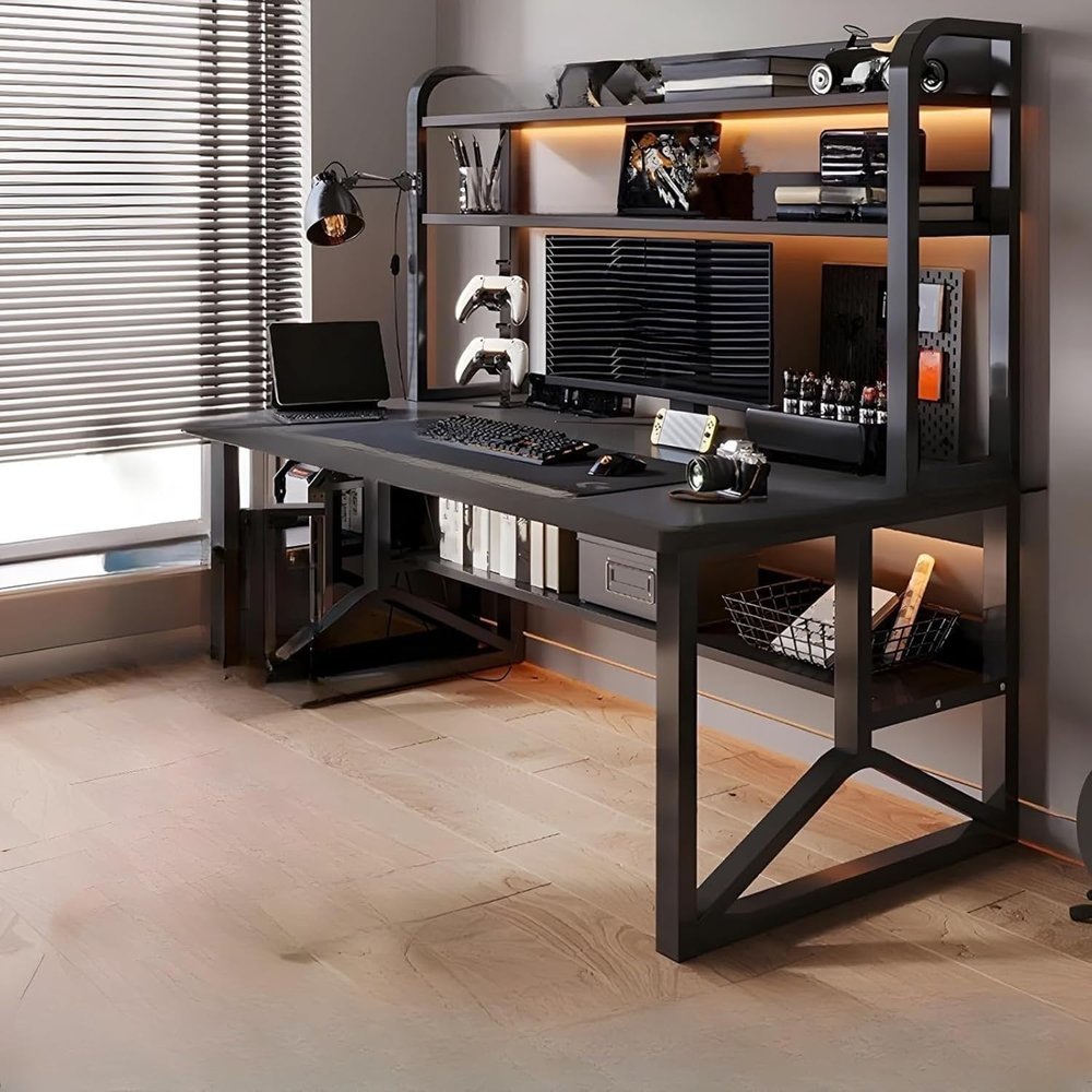 Rectangular Wooden Computer Desk with Metal Frame and Bookshelves, Black, 120 cm