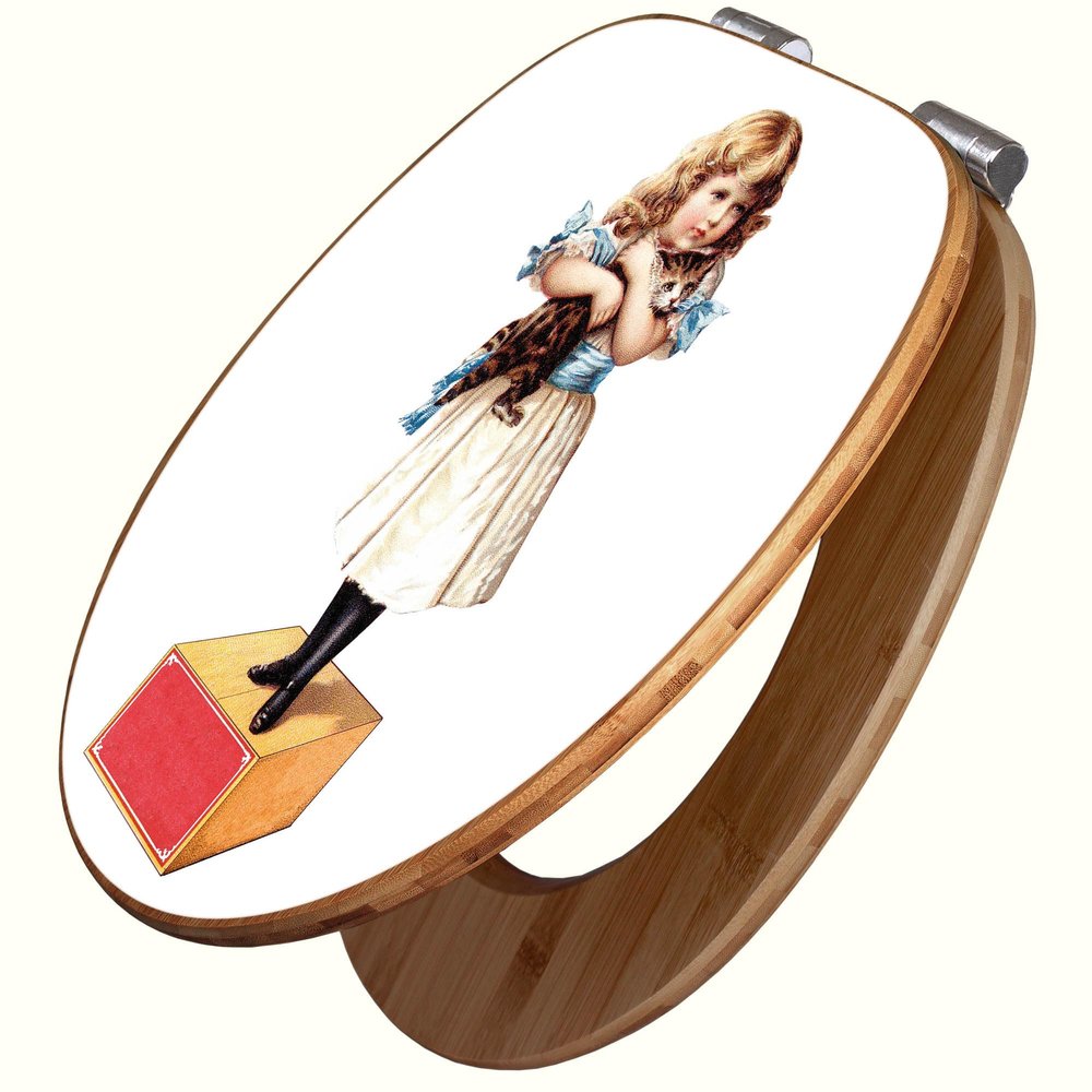 banjado Bamboo Toilet Seat with Soft-Close, 45.8 x 37.5 cm – Vintage Girl with Cat