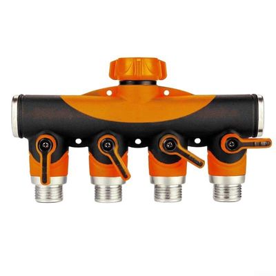 3/4-Inch Garden Hose Splitter, 4-Way/5-Way Brass-Plastic Diverter with Valves (Orange)