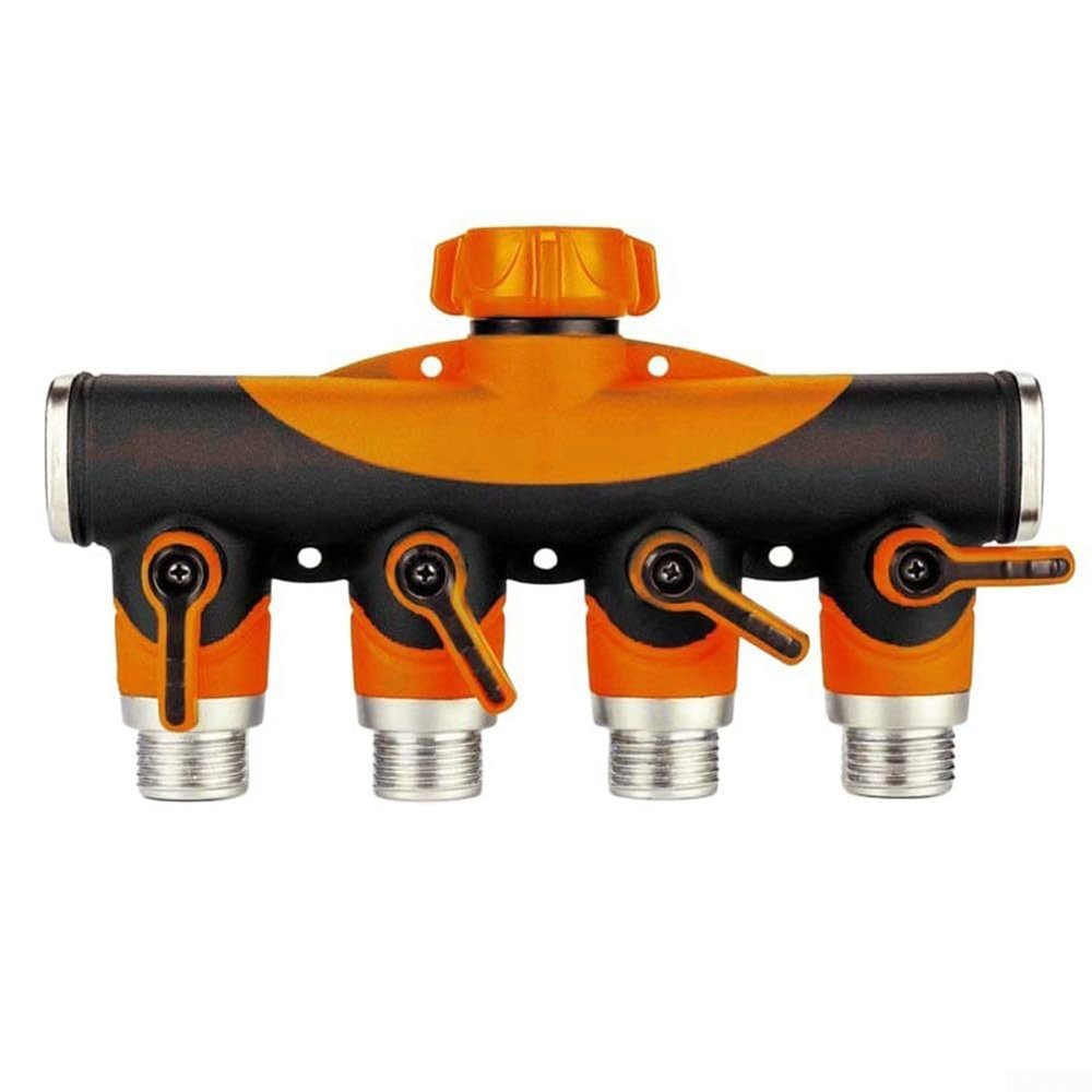 3/4-Inch Garden Hose Splitter, 4-Way/5-Way Brass-Plastic Diverter with Valves (Orange)