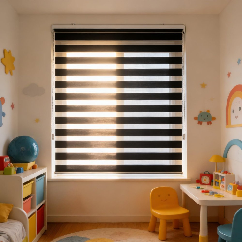 Dual Layer Roller Blind 49 x 140 cm, Black, No-Drill or Wall Mount