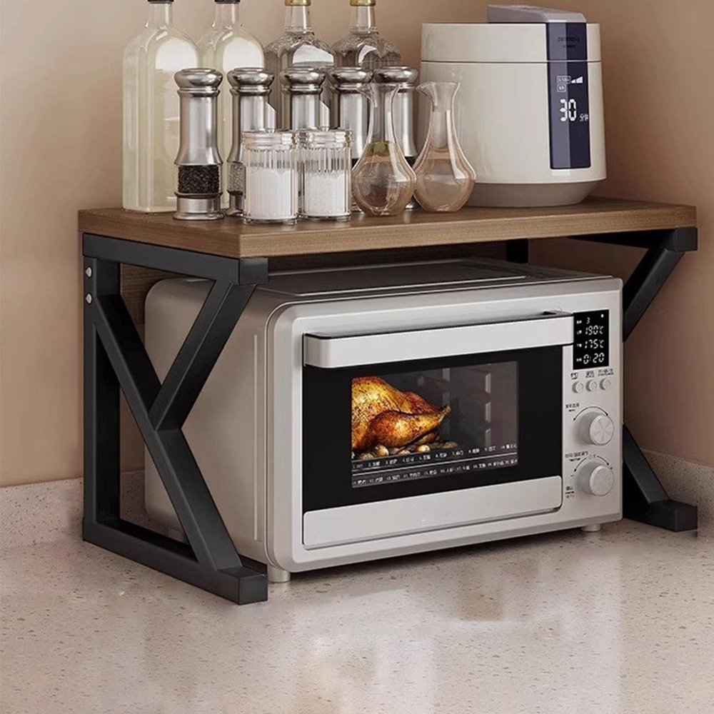 GUQASDV Expandable Microwave Rack, Adjustable Countertop Stand, Brown