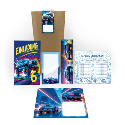 6 Monster Truck Invitations for a Boy's 6th Birthday, incl. Envelopes, Bags, Stickers, Bookmarks, Notepads and Battleship Game Sheets