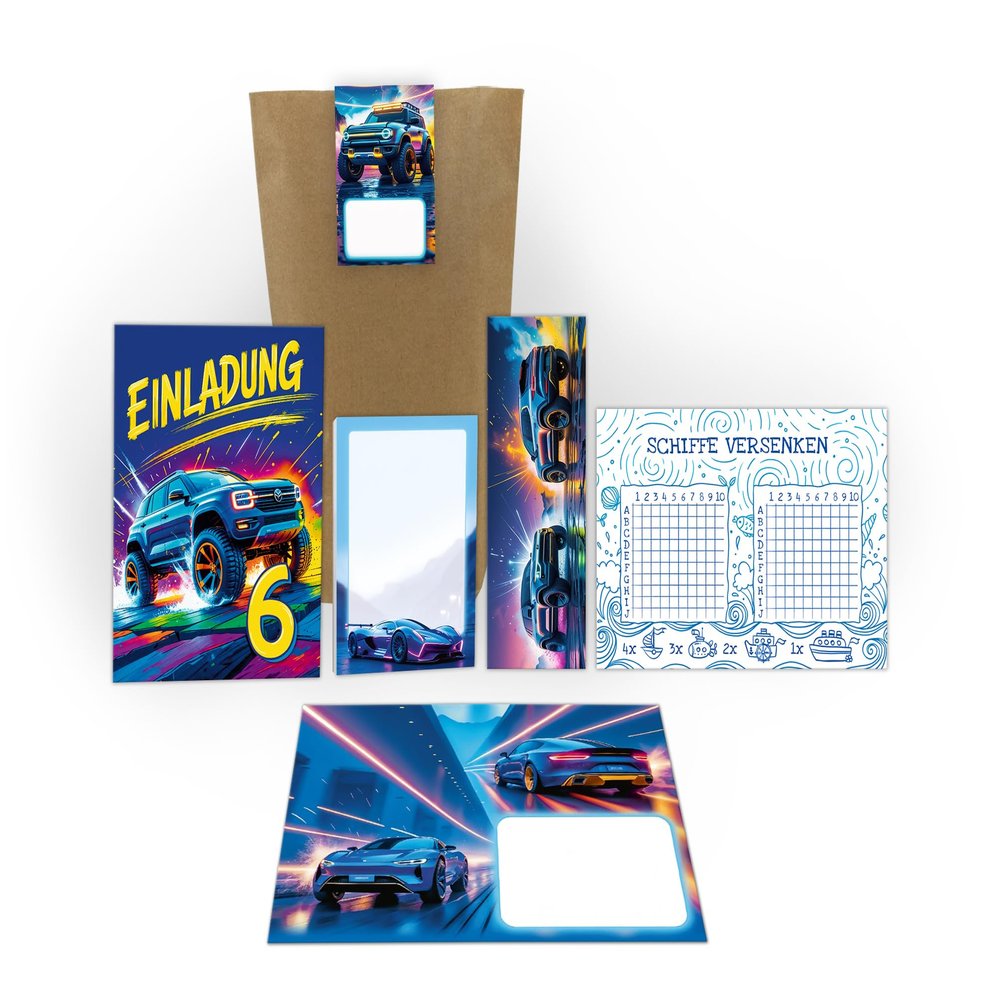 6 Monster Truck Invitations for a Boy's 6th Birthday, incl. Envelopes, Bags, Stickers, Bookmarks, Notepads and Battleship Game Sheets