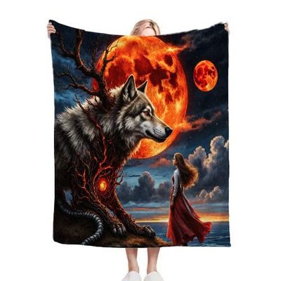 Gumntun Kids' Cozy Blanket, 130 x 150 cm, 3D Wolf Woman, Soft Warm Flannel Throw