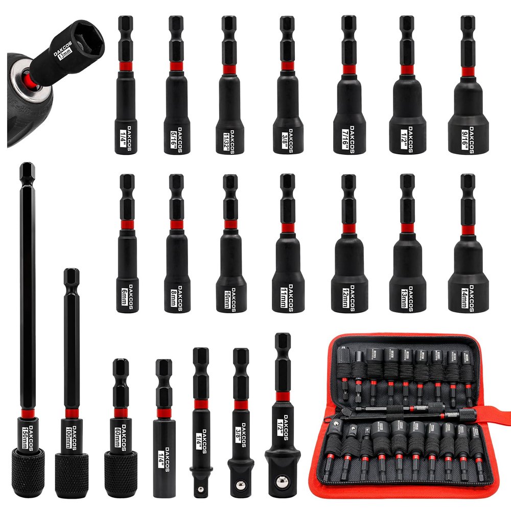 DAKCOS 21-Piece Hex Socket Adapter Set, 6–14 mm and 1/4–9/16 in, 1/4, 3/8 and 1/2 in Adapters, CR-V