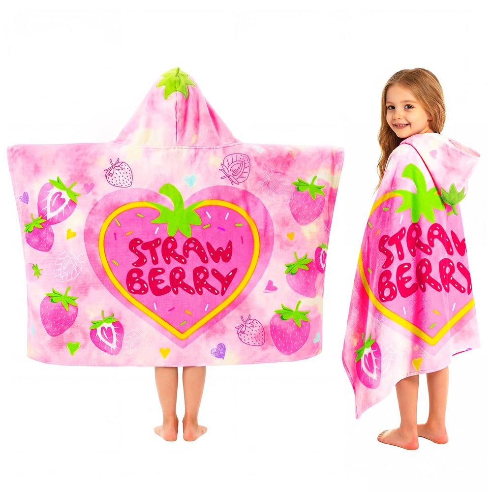 PinkSheep Hooded Poncho Towel for Kids, 75 x 140 cm Beach Towel, Pool and Swim Poncho, Large Bathrobe for Girls and Boys, Thick & Highly Absorbent (Strawberry)