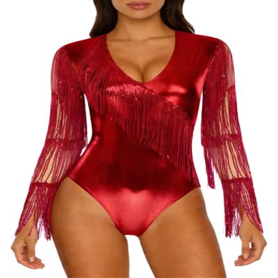Freebily Women's Wetlook Metallic Dance Leotard, Short/Long Sleeve, Red_F XXL