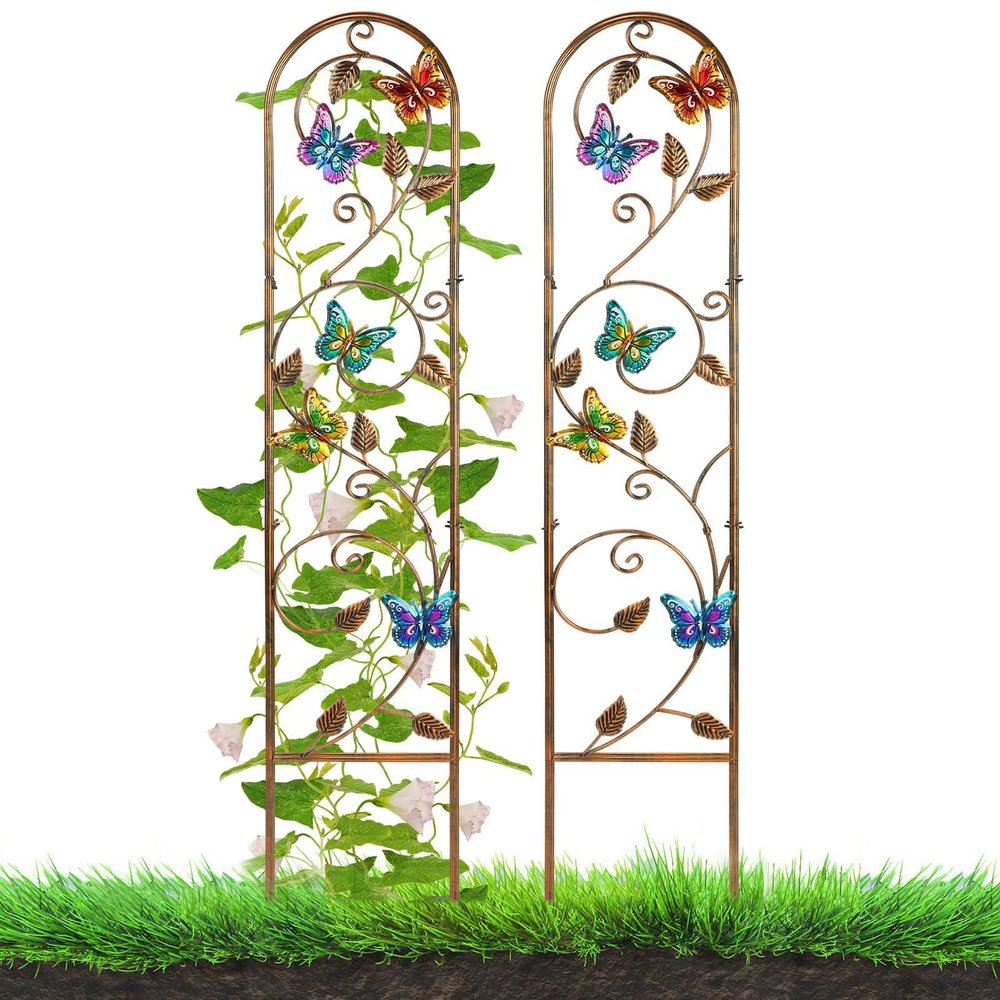 MEIYIFAN 2-Pack 60-Inch Metal Garden Trellis, Tall Obelisk for Climbing Plants, Decorative Arched Trellis for Outdoor Areas, Butterfly