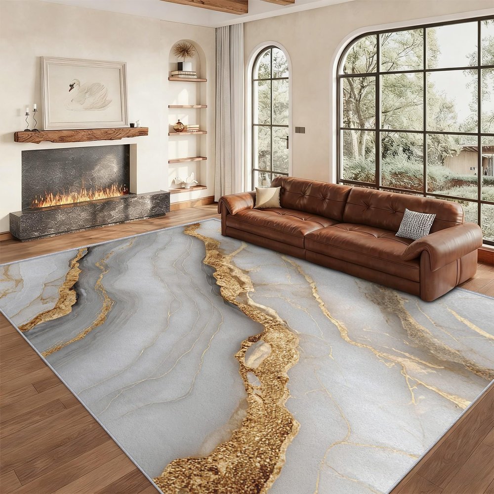 Gray and Gold Marble Area Rug, 100 x 150 cm