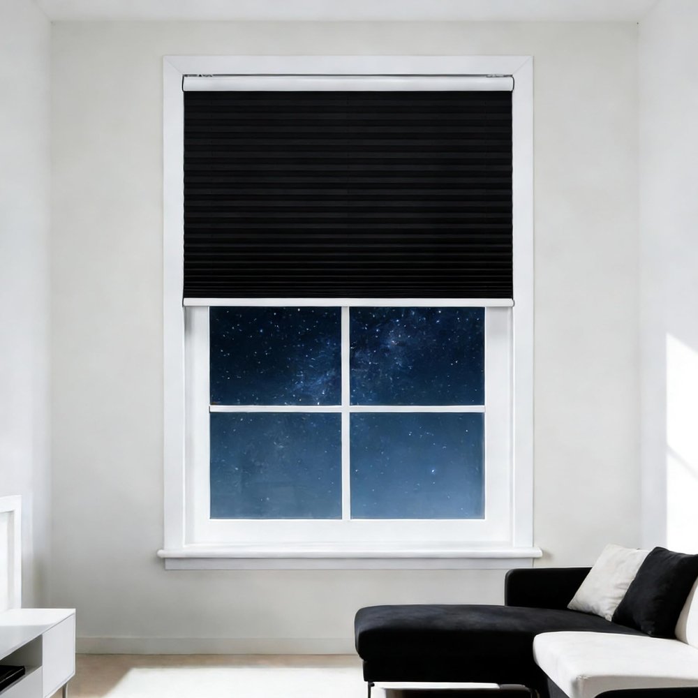 Thermal Pleated Blind 64 x 180 cm, Light-Blocking, Privacy and Sun Protection, No-Drill Clamp Mount, Black