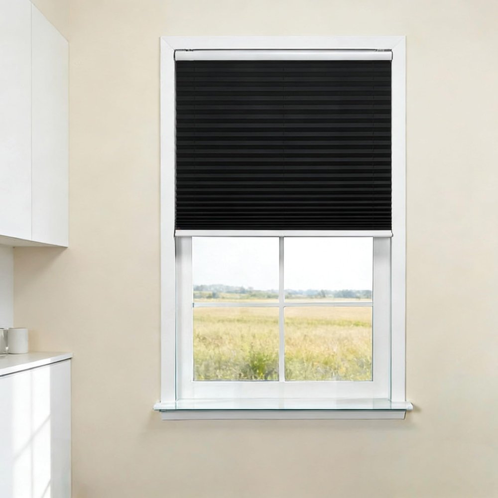 Pleated Window Blind 48 x 280 cm, Black, Light-Blocking Thermal Blind with No-Drill Clamp Mount